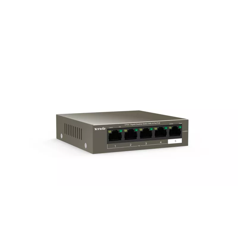 TENDA TEG1105P-4-63W-EU tīkla komutators, 5x Gigabit RJ-45, 4x PoE (57,8 W kopā), 10 Gbit/s komutācija