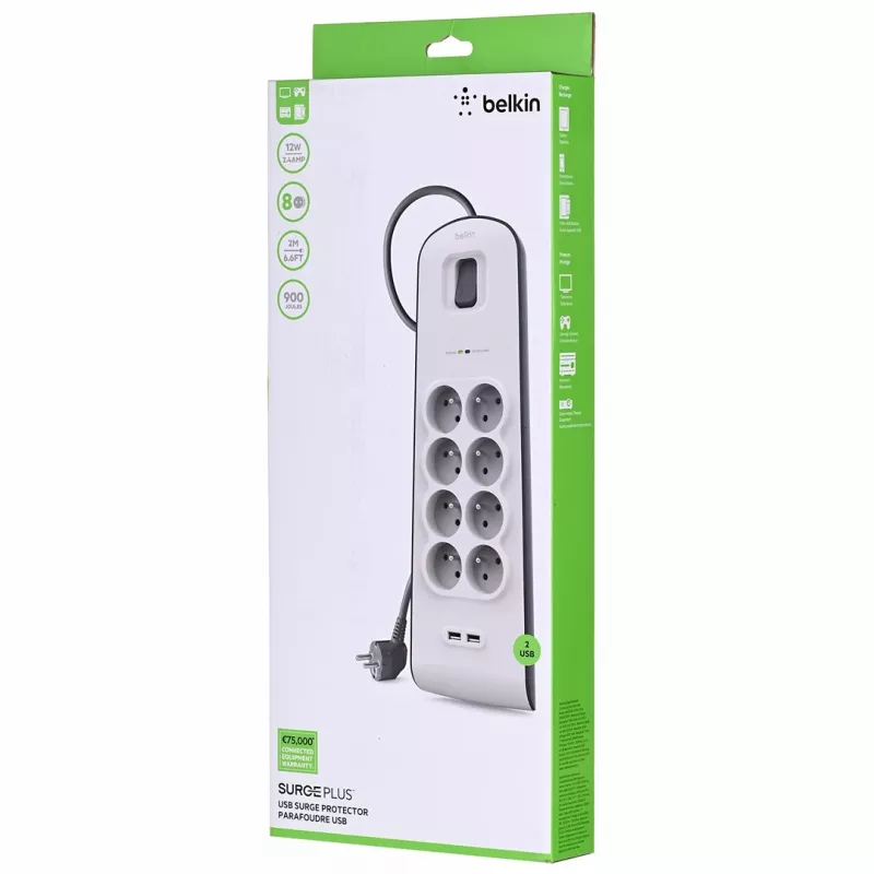 Pārsprieguma aizsargs Belkin BSV804ca2M balta 8 maiņstrāvas rozetes 2 m