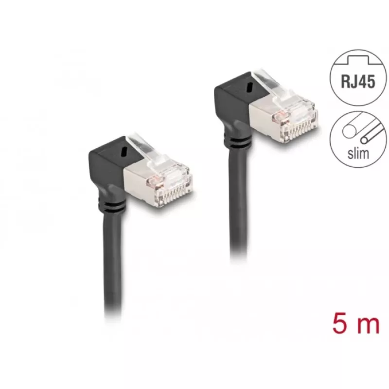 DeLOCK RJ45 tīkla kabelis Cat.6A S/FTP plāns 90° uz leju 5m melns