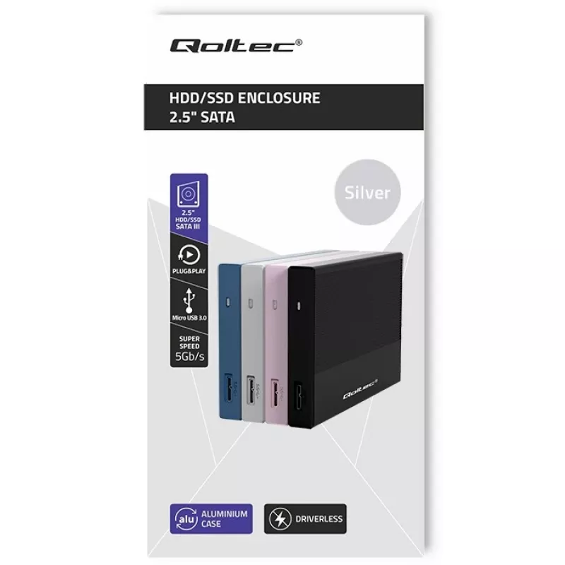 Ārējais korpuss 2,5 collu SATA SSD/HDD QOLTEC 52278 USB 3.0, atbalsta līdz 2 TB