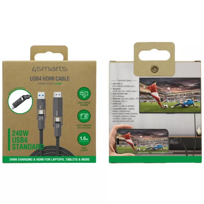 USB4 HDMI kabelis 4smarts ComboCord 240W 1,5 m – USB4 uz HDMI, 240W strāvas piegāde, 1,5 m garums