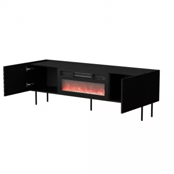 TV skapītis Cama Meble LUCCA 180x40x59 cm, melna virsma un rāmis, skaidu plātne, ietver melnu kamīnu