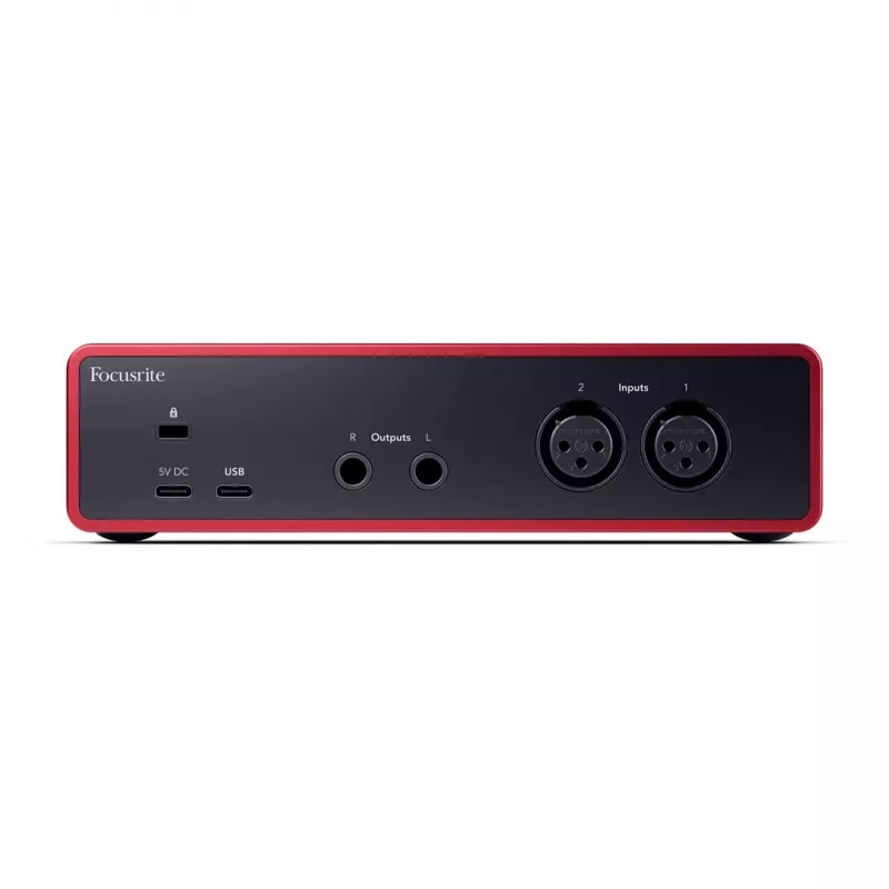 Audio interfeiss Focusrite Scarlett 2i2 4. paaudze — 2-ieeju/2-izeju USB-C, 24 bitu/192 kHz, 69 dB priekšpastiprinātāji, galda, melns/sarkans