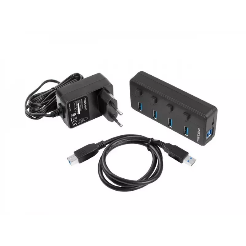 USB centrmezgls NATEC MANTIS USB 2.0 Type-B — 4x USB 3.2 Gen 1 Type-A porti, melns, 0,8 m kabelis, maiņstrāvas adapteris, barošanas slēdzis