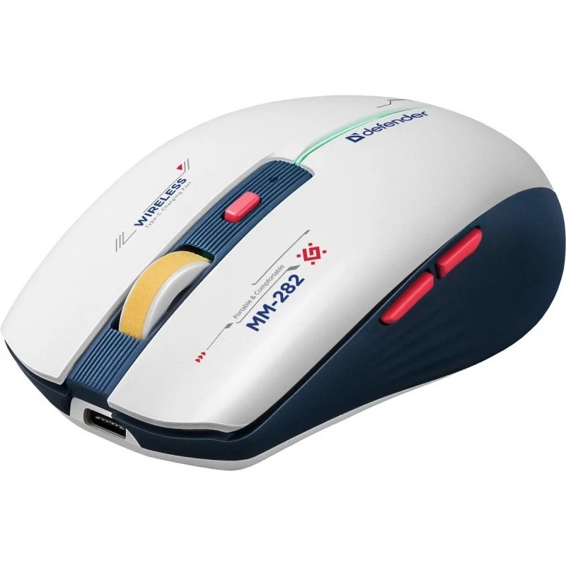 Bezvadu spēļu pele DEFENDER MM-282 RF — piemērota abām rokām, optiska, 1800 DPI, 5 pogas, USB, darbināma ar baterijām