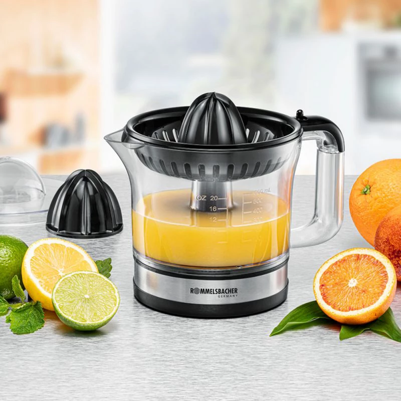 Rommelsbacher Citrus Press, 30 W jauda, 600 ml ietilpība, griešanās pulksteņrādītāja virzienā / pretēji, divi presēšanas konusi (ZP 50)