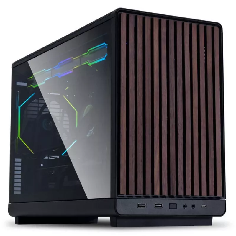 Mini-ITX/mATX PC korpuss Lian Li A3-mATX Wood Edition — valrieksta priekšējais panelis, melna šasija