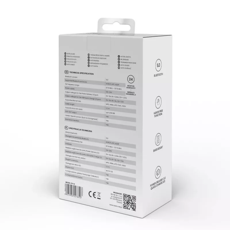 FM raidītājs SAVIO TR-14 Bluetooth USB, FM 87.6–107.9 MHz, MicroSD, USB-C, 12 V automašīnas barošana