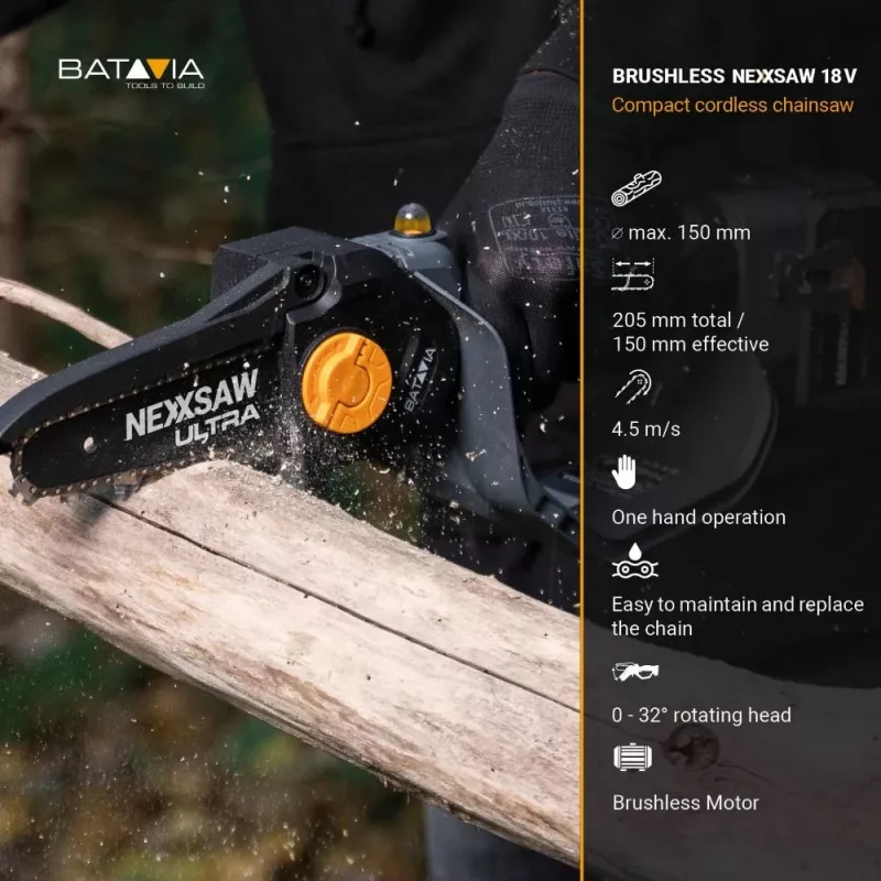Batavia B.V. | 18V Nexxsaw bezvadu bezsuku vienrocīgais ķēdes zāģis V3 Ultra, bez akumulatora un lādētāja | 17,78 cm | Ķēdes zāģis