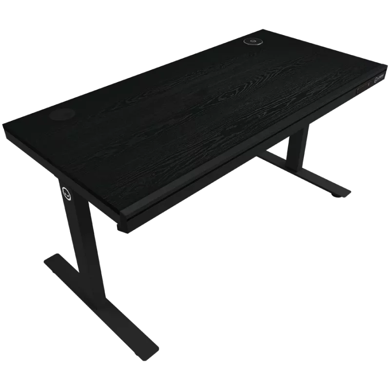 Galds spēlēm ar diviem motoriem un regulējamu augstumu sēdus/stāvus, bezvadu lādētājs, RGB apgaismojums, vadības panelis un USB pieslēgvietas, PB melamīna virsma, melns.