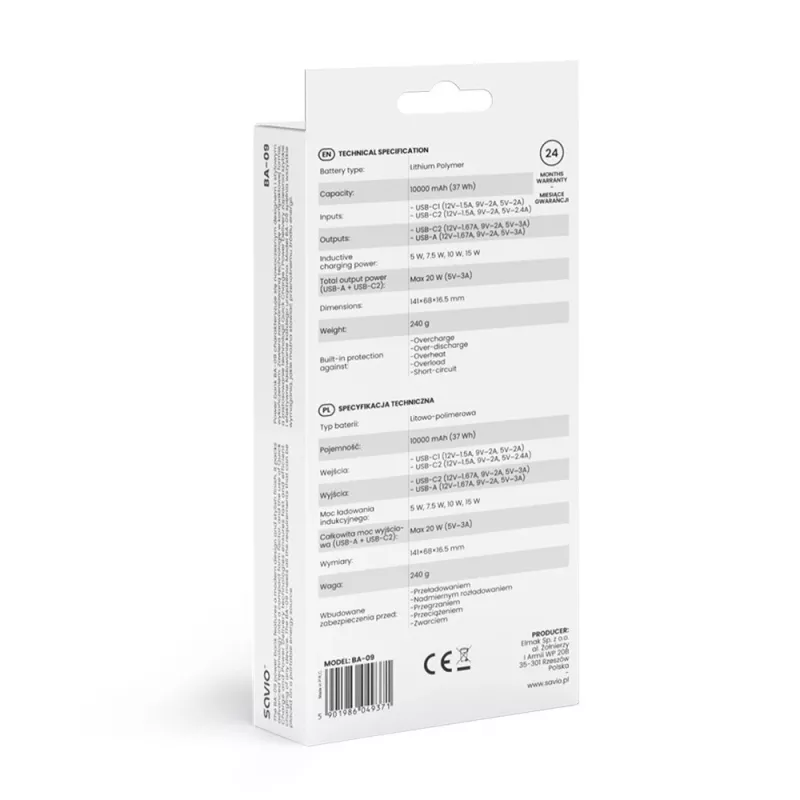 Savio BA-09 bezvadu pārnēsājamais akumulators, 10000 mAh, melns