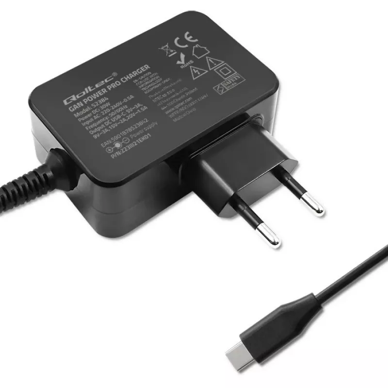 Strāvas adapteris QOLTEC 52384 GaN 30W izeja 5–20V USB lādētājs