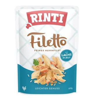 Slapjā suņu barība RINTI Filetto Vistas fileja ar lasi 100 g paciņa, pilnvērtīga barība pieaugušiem suņiem, 82% mitrums, 14% olbaltumvielas