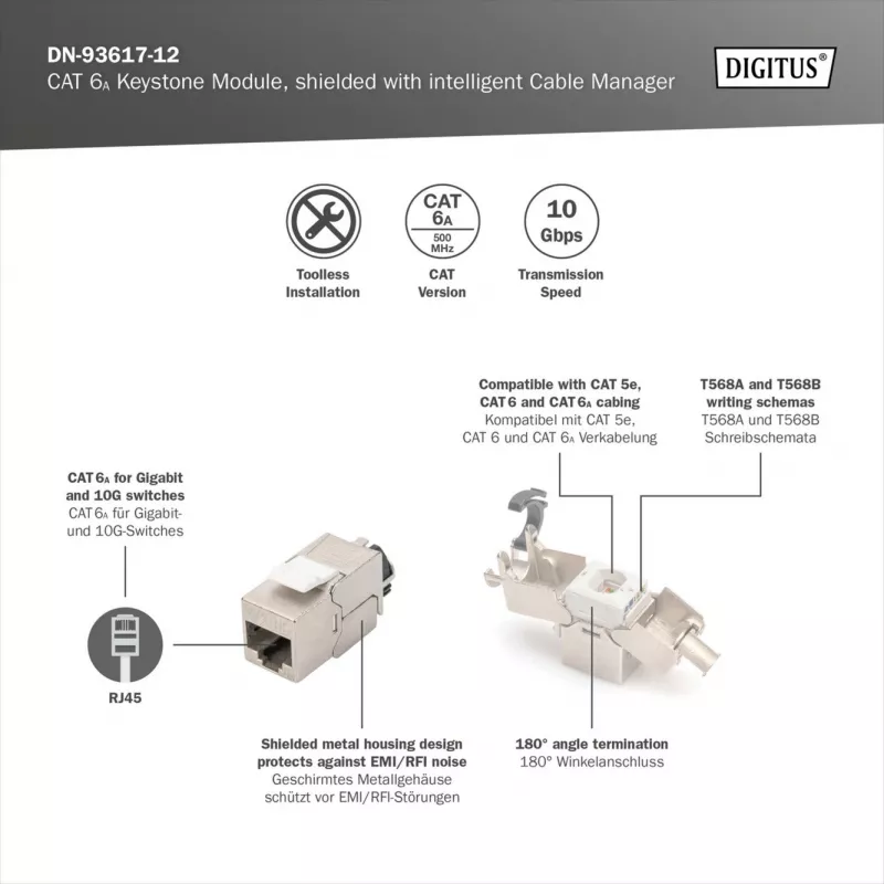 Keystone modulis DIGITUS CAT 6A ekranēts ar inteliģentu kabeļu pārvaldnieku, plakans RJ-45, 14,5×34,5×21 mm — 12 gab.