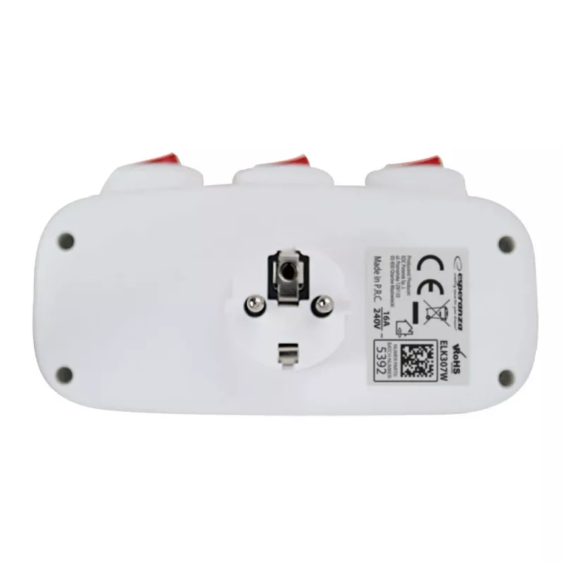 Strāvas sadalītājs ESPERANZA ELK307W — 3 ligzdu slēdzams iekštelpu adapteris, E tipa spraudnis, 220–240 V, 16 A, 3680 W, balts