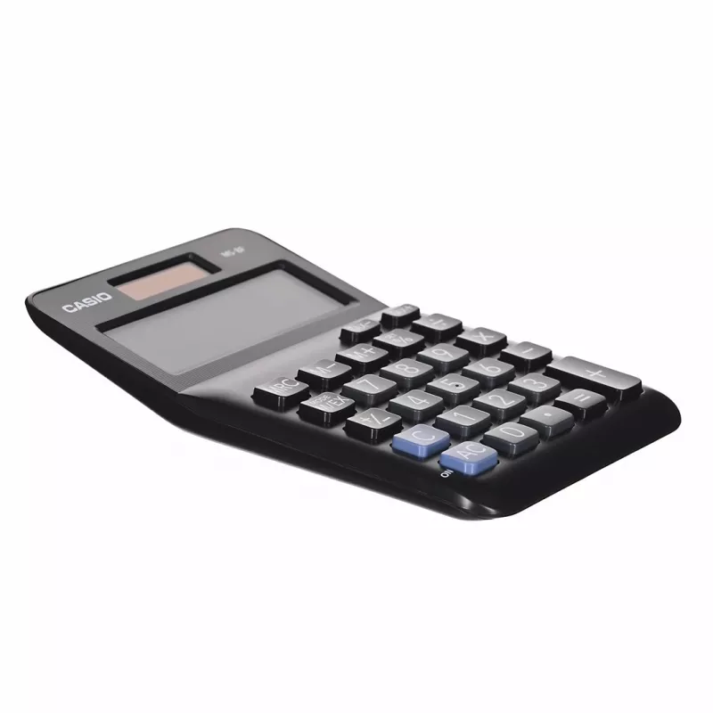 Galda pamata kalkulators CASIO MS-8F – 8 ciparu, baterija/saules, 26 taustiņi, valūtas un nodokļu funkcijas, peļņas aprēķins, melns