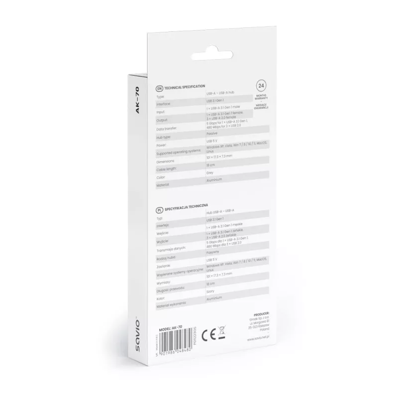 USB centrmezgls SAVIO AK-70, 7 portu USB 3.0, 4 lietojami porti, USB Type-A resursdators, 5 Gbit/s pārsūtīšana, garantija 2 gadi