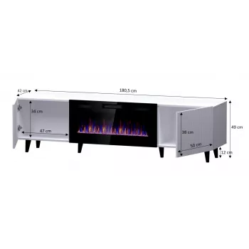 TV skapis Cama Meble PAFOS EF ar elektrisko kamīnu 180x42x49 cm, melns matēts, 2 durvis, 1400–1600 W