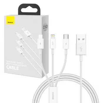 USB kabelis Baseus SUP0003529 — USB 3.2 Gen 1 (3.1 Gen 1), 1 m, USB-A uz USB-C / Micro USB-A / Lightning, balts