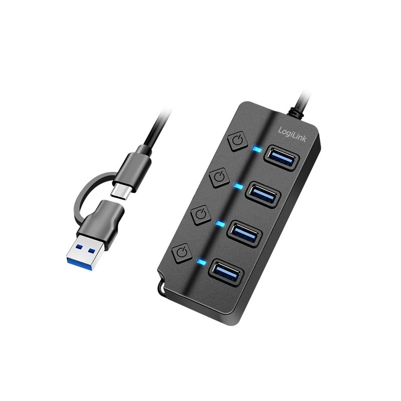 USB3.2 Gen1 HUB, 4xUSB-A ar ieslēgšanas/izslēgšanas slēdzi