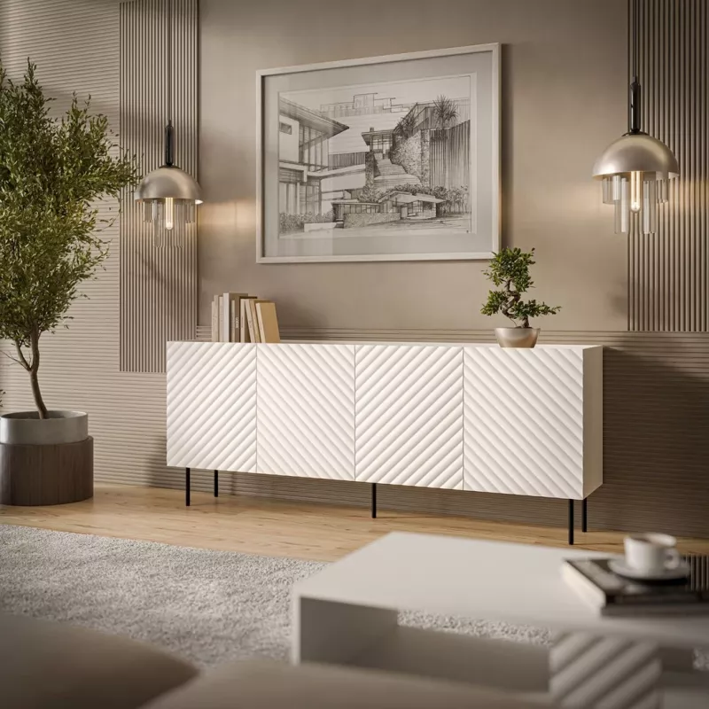 Kumode Cama LUCCA 4D, 200x40x80 cm, balta, kokskaidu plātne, 16 mm rāmis