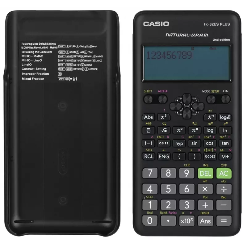 Zinātniskais kalkulators CASIO FX-82ES PLUS-2 — 252 funkcijas, punktmatricas 12 ciparu displejs, darbināms ar baterijām (AAA), melns