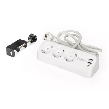Strāvas sadalītājs DIGITUS 3-vietīgs ar 2×USB-A un 1×USB-C, 3 maiņstrāvas rozetes tips E/F, 1,5 m kabelis, balts