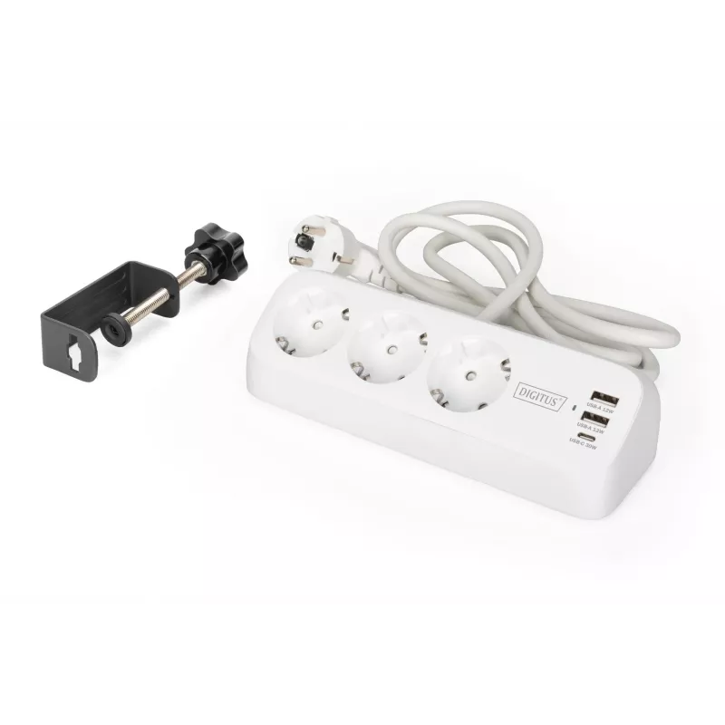 Strāvas sadalītājs DIGITUS 3-vietīgs ar 2×USB-A un 1×USB-C, 3 maiņstrāvas rozetes tips E/F, 1,5 m kabelis, balts