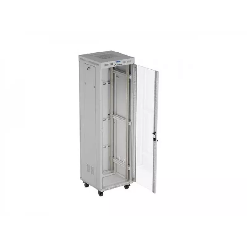 19 collu 42U LANBERG stāvošs statņu skapis 600×600 mm pelēks ar stikla durvīm un LCD (plakanā iepakojumā)