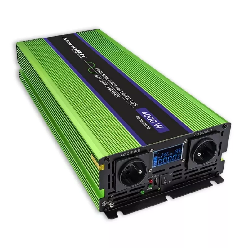 Qoltec Monolith sprieguma pārveidotājs | Akumulatora uzlāde | UPS | 2000W | 4000W | 12V uz 230V | Tīrs sinusoidāls | LCD melns-zaļš
