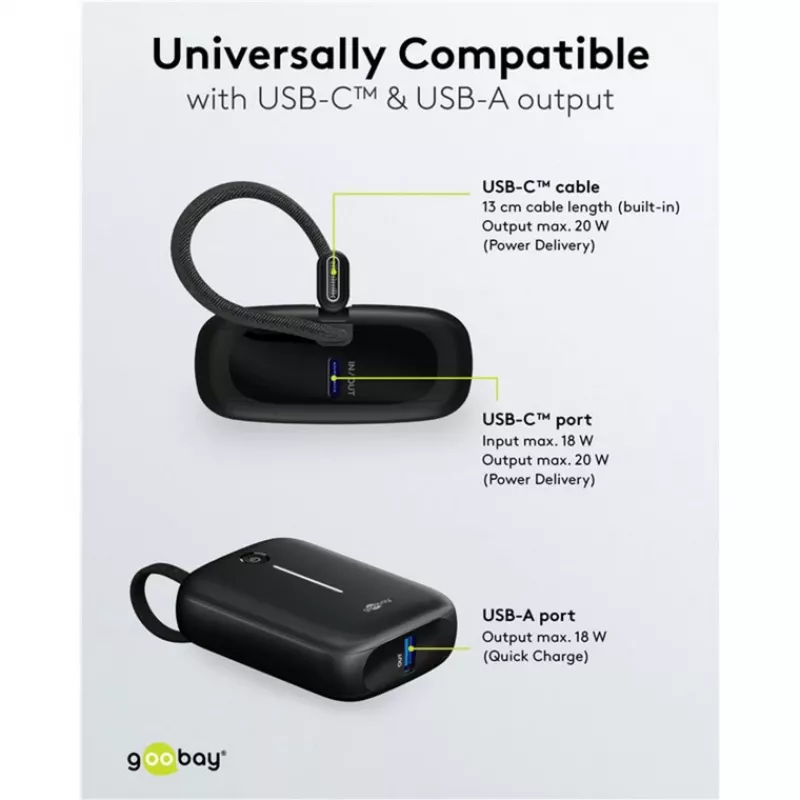 Pārnēsājams ārējais akumulators Goobay 10 000 mAh ar iebūvētu USB-C kabeli — 20 W kompakts ceļojumiem (76251)
