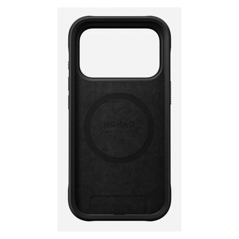 Mobilā tālruņa maciņš Nomad Rugged Leather vāciņš Apple iPhone 17 Pro, āda/TPU/PC/alumīnijs, piemērots 16 cm (6,3 collu) ekrāniem, melns