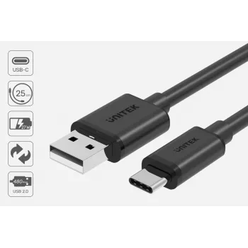 USB-A uz USB-C kabelis Unitek C14068BK, 2 m, USB 2.0, melns, vīrišķais-vīrišķais