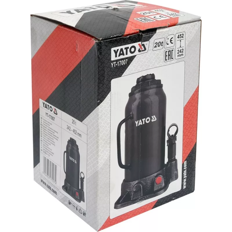 Mehāniskais domkrats YATO YT-17007, 20 000 kg celtspēja, pacēlums 24,2–45,2 cm, virzulis 150 mm, galva Ø45 mm, svars 10,5 kg