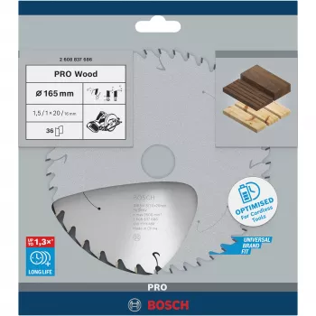 Apļveida zāģa asmens Bosch 2 608 837 686 — 165 mm diametrā, 20 mm urbums, kokam, 1 gab.