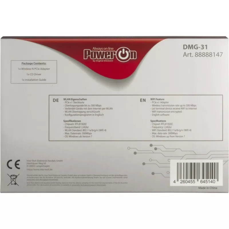 Inter-Tech DMG-31 - iebūvēts - bezvadu - PCI Express - Wi-Fi - Wi-Fi 4 (802.11n) - 300 Mbit/s (88888147)