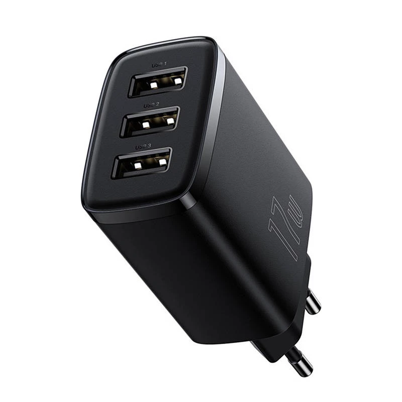 Baseus Compact Quick Charger, 3x USB, 17W (Melns)