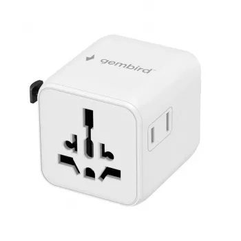 Universāls ceļojumu strāvas adapteris GEMBIRD TPA-INT-01-W — ieeja 100–250 V, G tipa kontaktdakša, kompakti izmēri 84×56×85 mm