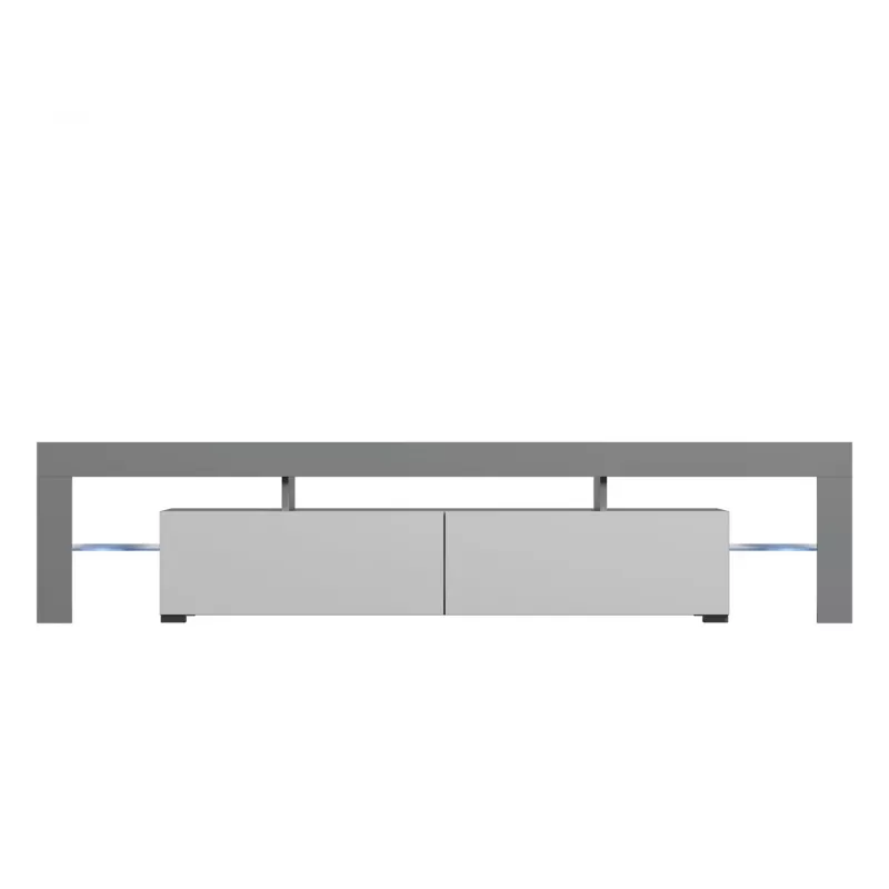 TV statīvs Cama Meble TORO 200 — 2000×350×410 mm, pelēka virsma no skaidu plātnes, pelēks/balts spīdums