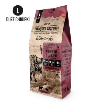 Sausā suņu barība wiejskazagroda Forest Flavors liellopu gaļa ar mežacūku pieaugušiem suņiem L 20 kg — bez graudiem, 31% proteīna, 20% tauku