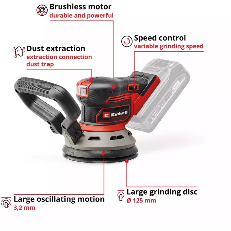 Grīdas slīpmašīna EINHELL TP‑RS 18/32 Li BL Solo — 24 000 RPM, melna/sarkana, 1,11 kg