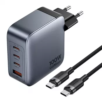 Vention strāvas lādētājs TZ-FETH0-EU 3× USB-C + 1× USB-A 100W, PD līdz 30W uz C, ieeja 100–240V