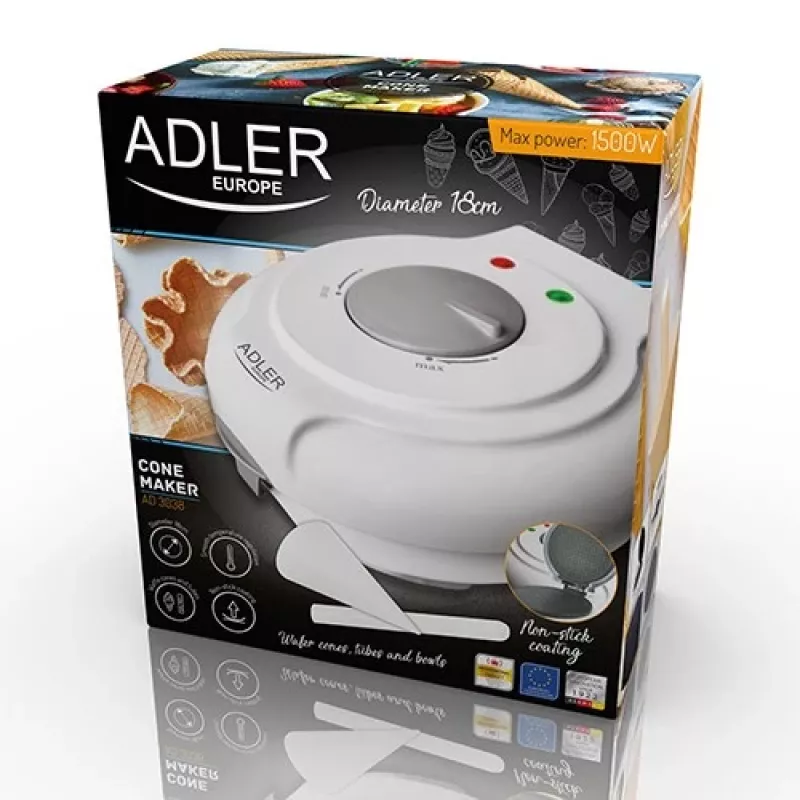 Vafeļu dzelzs Adler AD 3038 — viena apaļa vafele, 1500 W, regulējams termostats, nepiedegošas plāksnes, pelēks/baltss