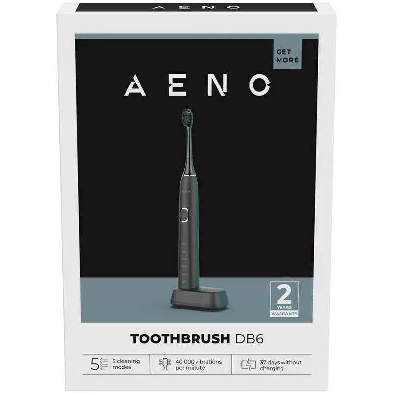 AENO Sonic Electric Toothbrush DB6: Melns, 5 režīmi, bezvadu uzlāde, 46000 apgr./min, 40 dienas bez uzlādes, IPX7