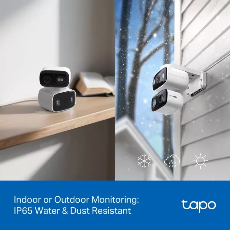 IP drošības kamera TP‑LINK Tapo C246D — 3 MP (2304×1296), 2,8 mm, 107,8° redzes lauks, PTZ divu objektīvu, IP65, Wi‑Fi/Gigabit, microSD līdz 512 GB