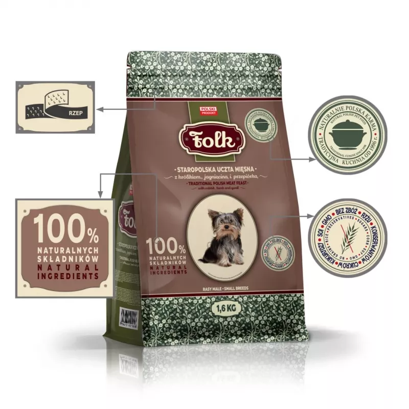 FOLK Small breeds Traditional polish meat feast with rabbit, lamb and quail - sausā suņu barība - 1,6kg
