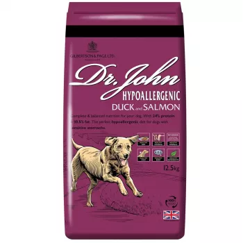 Sausā suņu barība Dr. John Hypoallergenic Duck with Salmon — pilnvērtīga barība pieaugušiem suņiem, 12,5 kg, 24% olbaltumvielu, 10,5% tauku