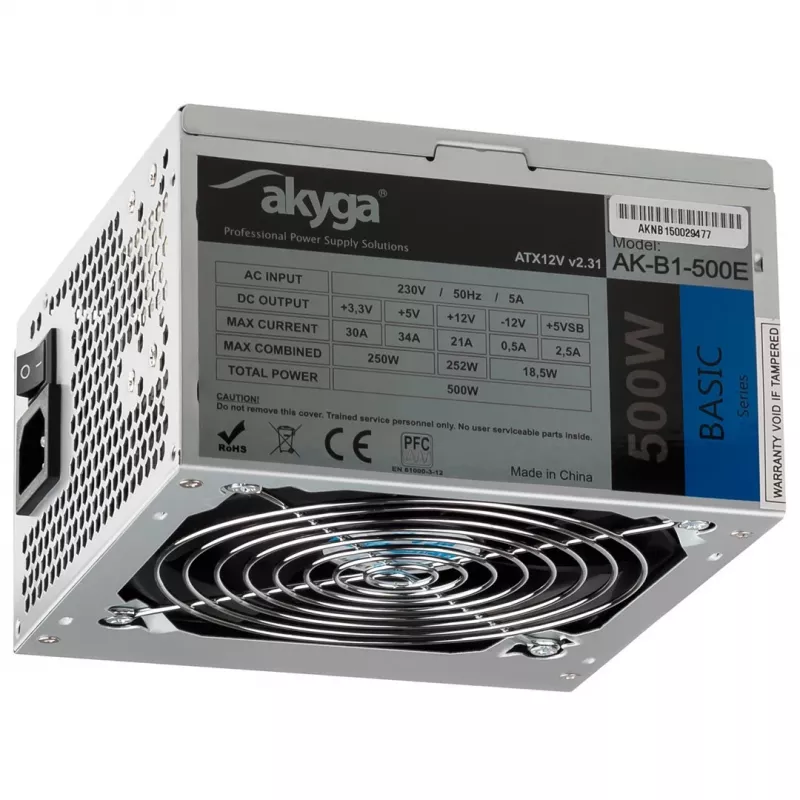 ATX barošanas bloks Akyga AK-B1-500E 500 W, 120 mm ventilators, 20+4 pin ATX, 3× SATA, pasīvs PFC
