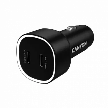Auto lādētājs CANYON OnDrive 60 PD 60W 2xUSB-C — 60 W jauda, 2 USB-C pieslēgvietas, melns