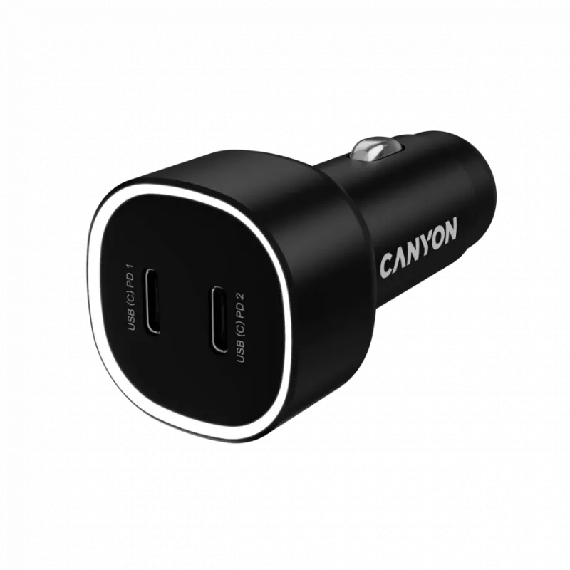 Auto lādētājs CANYON OnDrive 60 PD 60W 2xUSB-C — 60 W jauda, 2 USB-C pieslēgvietas, melns